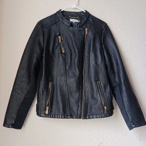 Calvin Klein black with gold zippers and snaps.